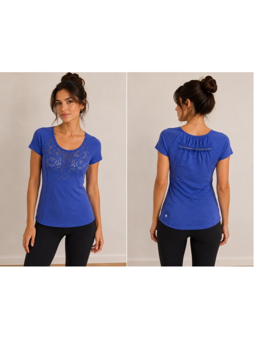 lululemon athletica Blue Short Sleeve Scoop Neck Top with Laser-Cut Front